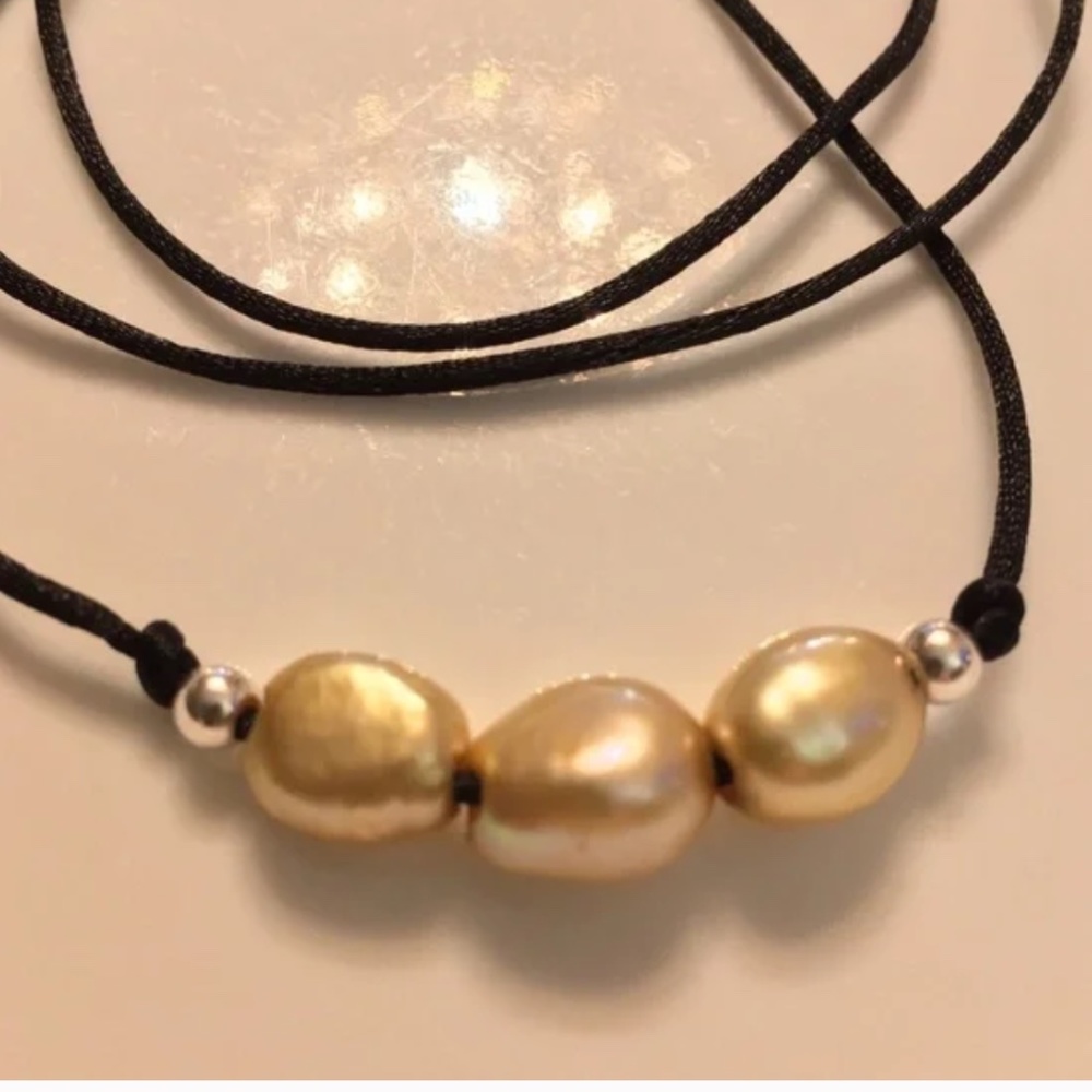 ARTISAN Golden Baroque Pearls & Sterling beads on Black Satin cord 26” Necklace